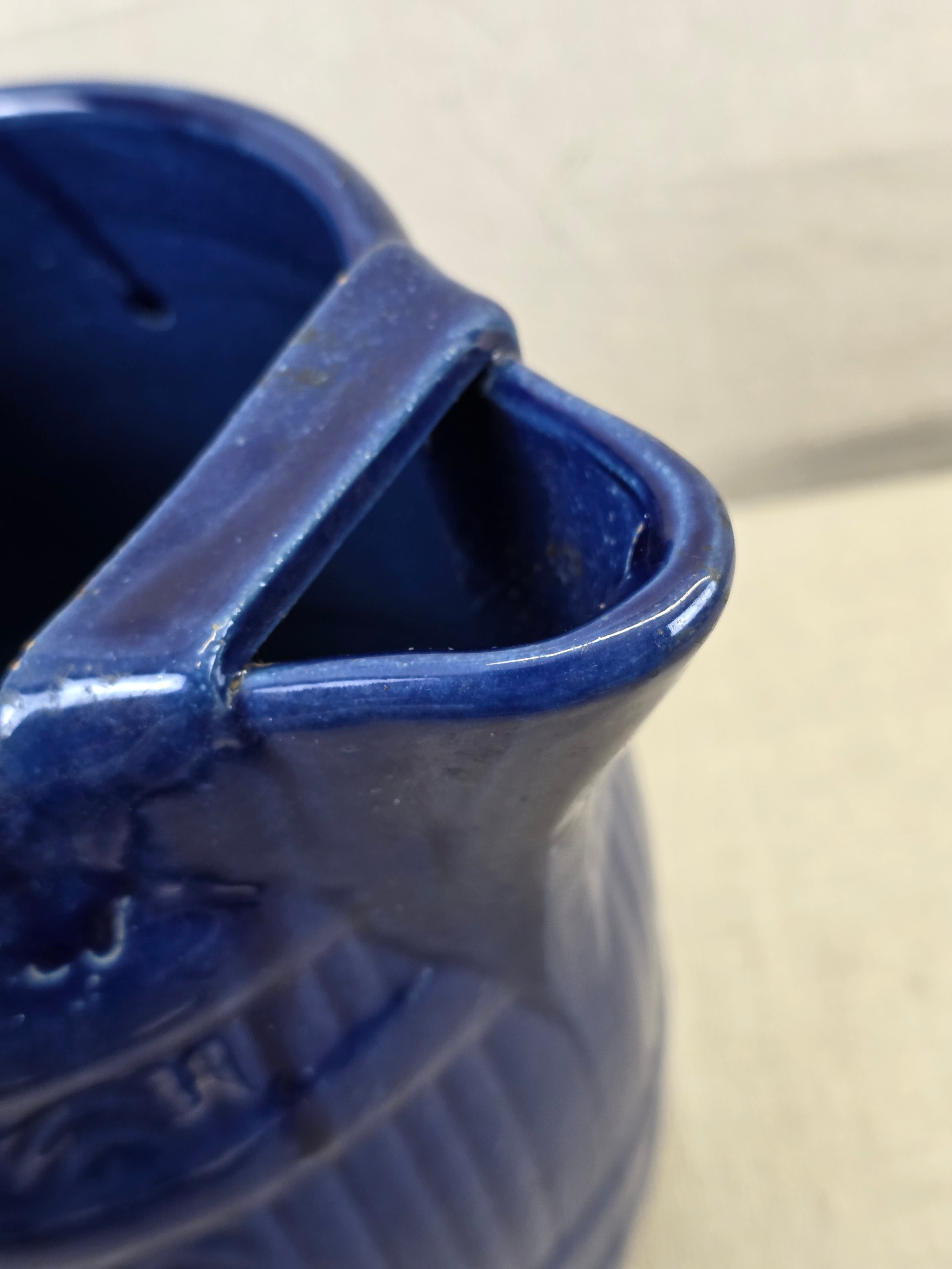 Vintage 8" Blue Barrel Pottery Pitcher