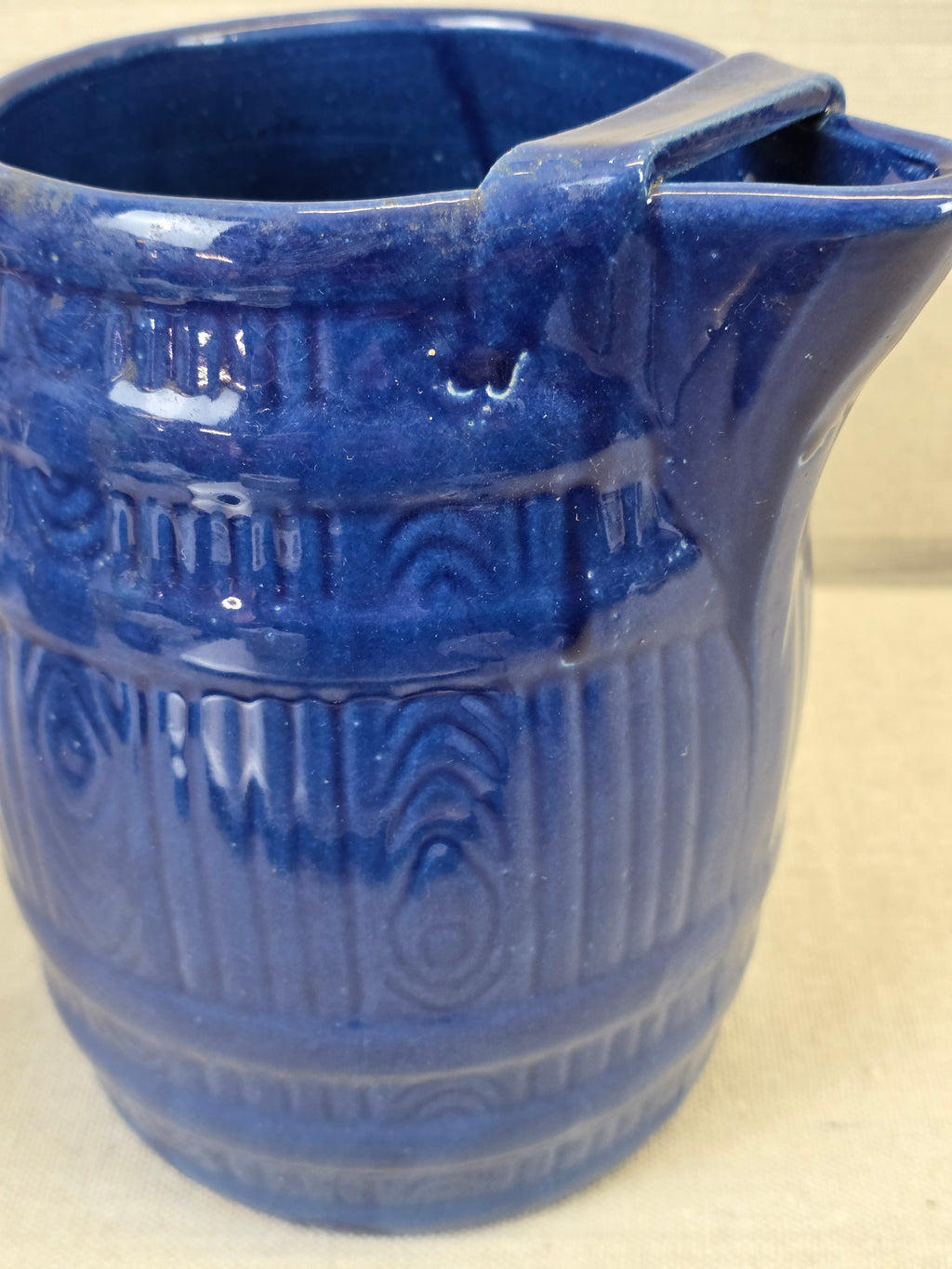 Vintage 8" Blue Barrel Pottery Pitcher