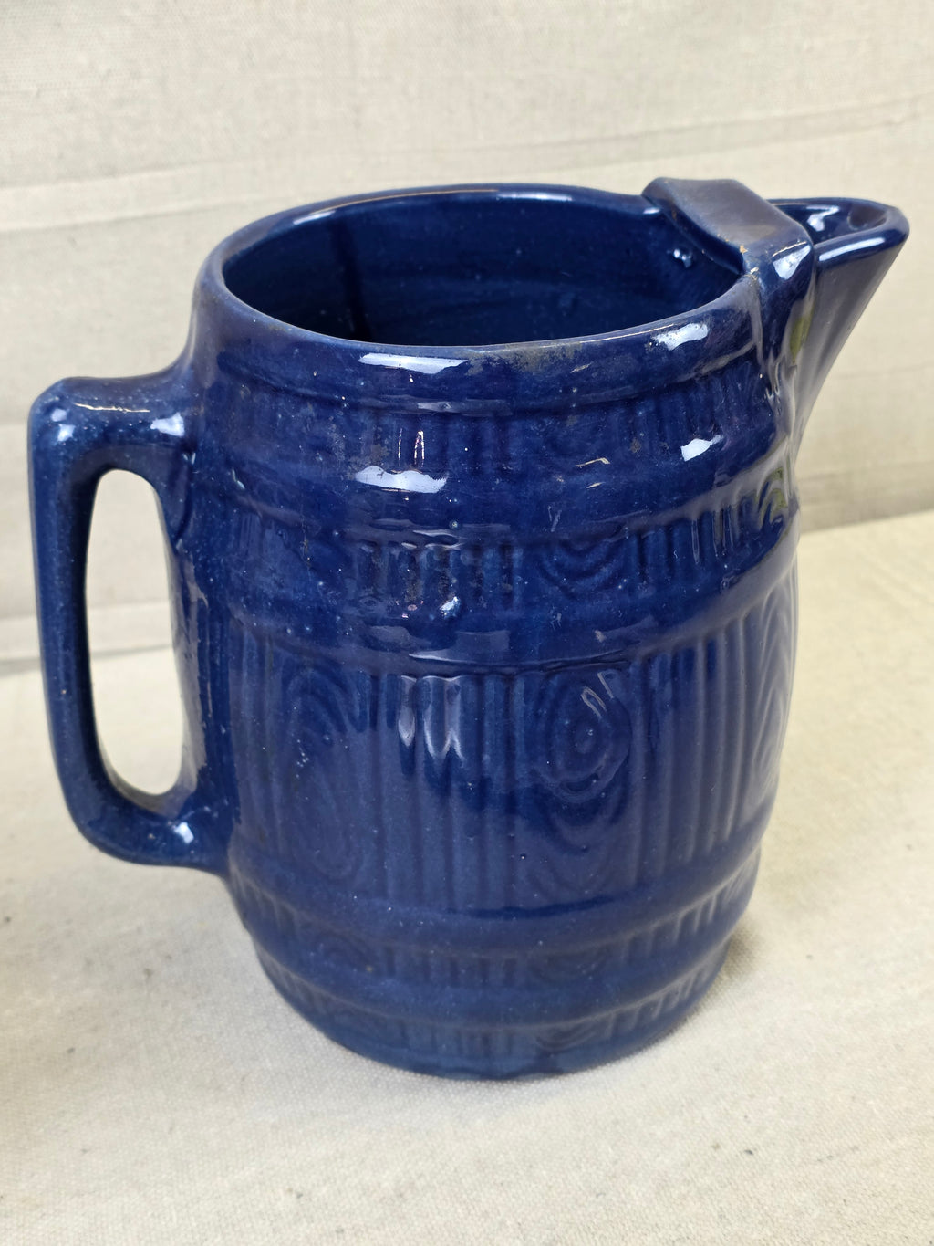 Vintage 8" Blue Barrel Pottery Pitcher