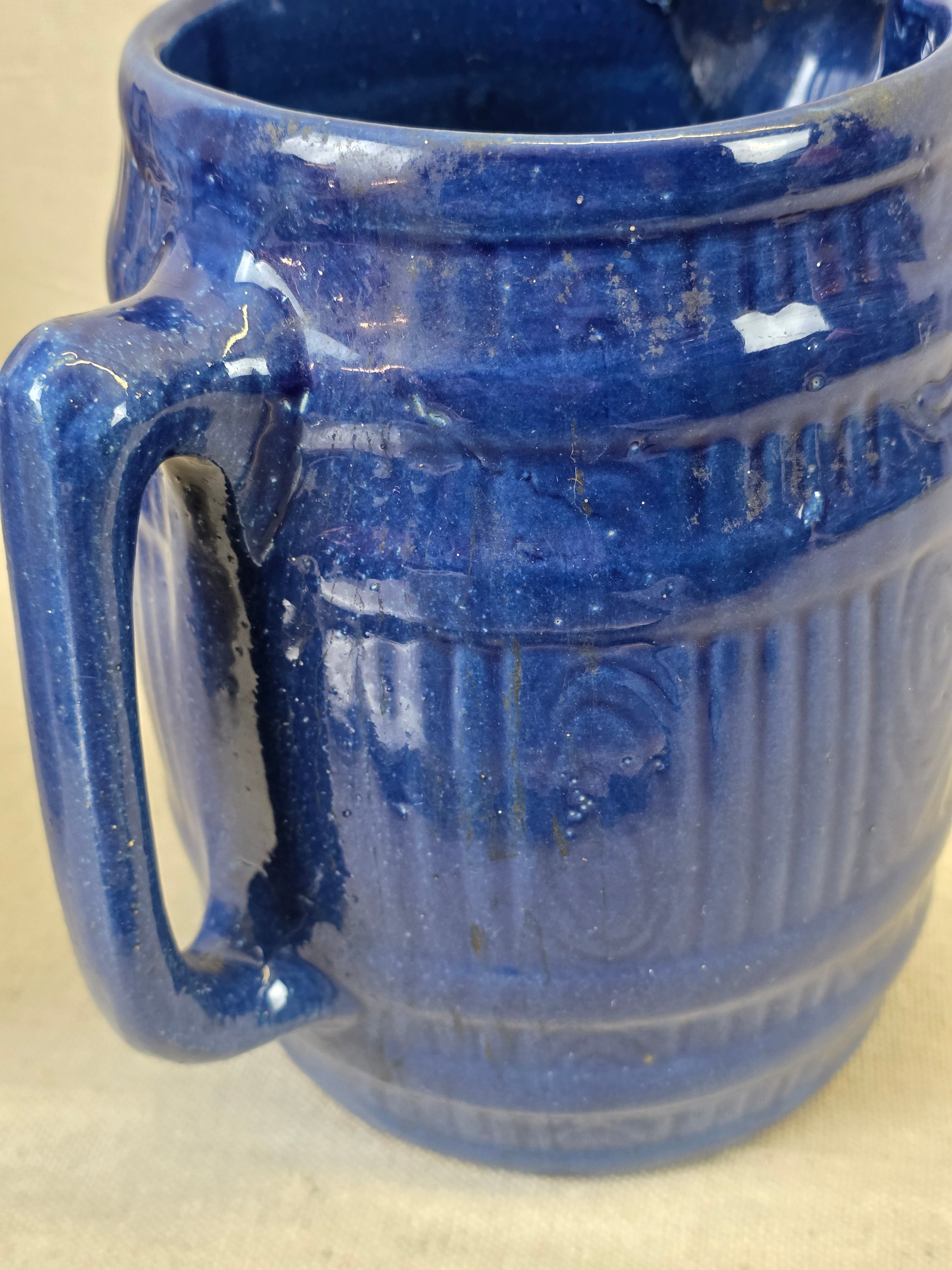 Vintage 8" Blue Barrel Pottery Pitcher
