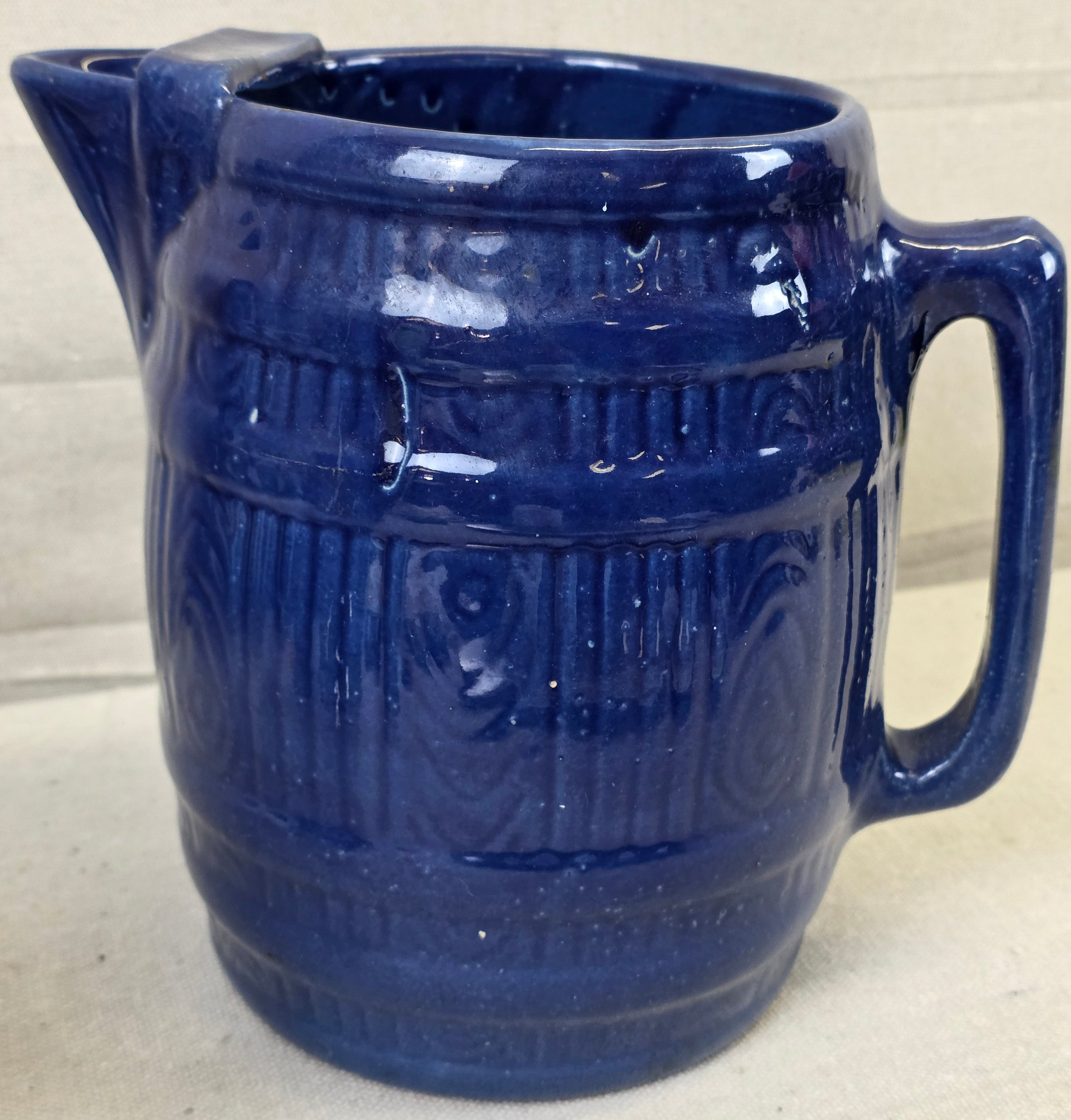 Vintage 8" Blue Barrel Pottery Pitcher